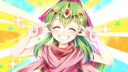 Rule 34 | 1girl, closed eyes, double v, emotional engine - full drive, erector 58, fire emblem, fire emblem: mystery of the emblem, green hair, grin, long hair, nintendo, pointy ears, ponytail, smile, solo, sparkle, tiara, tiki (fire emblem), tiki (young) (fire emblem), upper body, v
