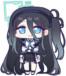 Rule 34 | 1girl, absurdres, aris (blue archive), black hair, black hairband, black skirt, black socks, blue archive, blue eyes, blue necktie, chibi, closed mouth, collared shirt, commentary request, full body, hair between eyes, hairband, halo, highres, jacket, long hair, long sleeves, looking at viewer, necktie, one side up, open clothes, open jacket, panatisia, pleated skirt, puffy long sleeves, puffy sleeves, ringed eyes, shirt, shoes, simple background, skirt, smile, socks, solo, standing, very long hair, white background, white footwear, white jacket, white shirt