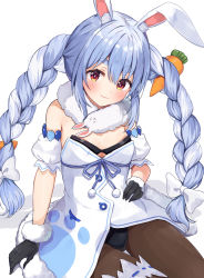 Rule 34 | 1girl, absurdres, animal ear fluff, animal ears, bare shoulders, black gloves, black leotard, blue hair, bow, braid, brown pantyhose, carrot hair ornament, closed mouth, commentary request, detached sleeves, don-chan (usada pekora), dress, food-themed hair ornament, fur-trimmed dress, fur-trimmed gloves, fur trim, gloves, hair between eyes, hair bow, hair ornament, hand on own hip, highres, hololive, leotard, looking at viewer, multicolored hair, pantyhose, puffy short sleeves, puffy sleeves, rabbit ears, racchi., short eyebrows, short sleeves, sidelocks, sitting, smile, strapless, strapless dress, strapless leotard, thick eyebrows, twin braids, twintails, two-tone hair, usada pekora, usada pekora (1st costume), virtual youtuber, white background, white bow, white dress, white hair, white sleeves