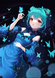 Rule 34 | 1girl, absurdres, animal, bare shoulders, blue dress, blue sleeves, blush, breasts, bug, butterfly, crying, crying with eyes open, danyo (chung0226), detached sleeves, double bun, dress, green hair, hair bun, hair ornament, hand up, highres, hololive, insect, juliet sleeves, long sleeves, looking at viewer, parted lips, partially submerged, puffy sleeves, red eyes, ripples, skull hair ornament, sleeveless, sleeveless dress, small breasts, solo, tears, too many, too many butterflies, uruha rushia, uruha rushia (1st costume), virtual youtuber, water, wide sleeves