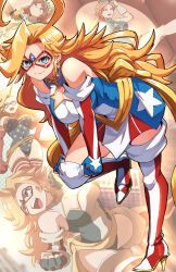 Rule 34 | 1girl, ahoge, blonde hair, blue eyes, blush, boots, breasts, cleavage, closed mouth, dangle earrings, earrings, elbow gloves, fingerless gloves, fujioka yatsufusa, gloves, high heel boots, high heels, highres, jewelry, kamen america, kamen america (comic), large breasts, long hair, looking at viewer, smile, solo, star (symbol), star earrings, thigh boots
