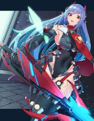 Rule 34 | 1girl, absurdres, android, breasts, highres, joints, large breasts, leotard, mecha musume, medaman, nintendo, open mouth, poppi (xenoblade), poppi qtpi (xenoblade), purple hair, red eyes, robot ears, robot joints, solo, thighhighs, weapon, xenoblade chronicles (series), xenoblade chronicles 2
