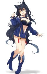 Rule 34 | 1girl, ahoge, animal ear fluff, animal ears, bad id, bad twitter id, bandeau, black hair, blue footwear, blush, boots, breasts, cat ears, cleavage, commentary, fang, full body, hair between eyes, head tilt, high heel boots, high heels, highres, jacket, large breasts, legs, long hair, navel, original, shadow, simple background, solo, standing, standing on one leg, stomach, suminagashi, thighs, very long hair, white background, yellow eyes