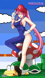 Rule 34 | 1girl, breasts, cosplay, gloves, hat, highres, kalvia, koopa troopa, large breasts, looking at viewer, mario, mario (cosplay), mario (series), naked overalls, nintendo, one eye closed, open mouth, original, overalls, pink hair, ponytail, solo, super mario bros. 1, the-sinner