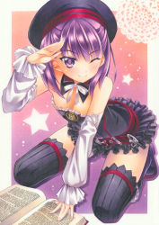 Rule 34 | 1girl, ;), book, detached sleeves, fate/grand order, fate (series), hat, helena blavatsky (fate), looking at viewer, marker (medium), one eye closed, open book, purple eyes, purple hair, revision, salute, sefirot, short hair, smile, solo, thighhighs, traditional media, yuto cafe