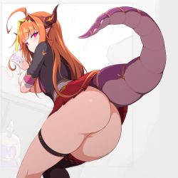 Rule 34 | 1girl, ahoge, ass, blush, breast hold, breasts, butt plug, cup, dragon girl, dragon horns, dragon tail, drinking glass, from behind, hairband, hololive, horns, kiryu coco, kiryu coco (1st costume), large breasts, miniskirt, no bra, no panties, orange hair, pink eyes, sex toy, single thighhigh, skirt, smile, solo, tail, thigh strap, thighhighs, thighs, virtual youtuber, waero
