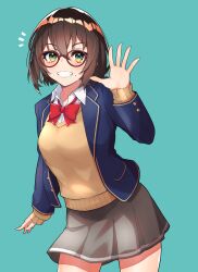 Rule 34 | 1girl, absurdres, akitoh-shino, aqua background, blazer, bow, bowtie, brown hair, brown sweater, glasses, green eyes, grey skirt, hair between eyes, hand up, highres, jacket, long sleeves, mole, mole under eye, mole under mouth, original, red-framed eyewear, red bow, red bowtie, school uniform, short hair, skirt, smile, sweater