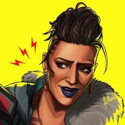 Rule 34 | 1girl, apex legends, artist name, black eyeshadow, black lips, brown eyes, brown hair, eyeshadow, facial mark, fur trim, highres, lightning bolt symbol, looking to the side, mad maggie (apex legends), makeup, noush, open mouth, portrait, smile, solo, yellow background