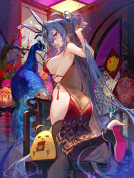 Rule 34 | 1girl, akizero1510, alternate costume, animal, animal ears, ass, azur lane, bare shoulders, blue eyes, blue hair, blush, breasts, butt crack, china dress, chinese clothes, chinese new year, dress, fake animal ears, gluteal fold, hair between eyes, hair ornament, high heels, highres, large breasts, lipstick, long hair, looking at viewer, makeup, manjuu (azur lane), new jersey (azur lane), rabbit ears, see-through, sideboob, solo, thighhighs, very long hair