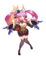 Rule 34 | 10s, 1girl, animal ears, bare shoulders, blush, breasts, cleavage, detached sleeves, fang, fate/extra, fate/extra ccc, fate (series), female focus, fingernails, fox ears, fox tail, hair ribbon, hat, large breasts, mini hat, mini top hat, nail polish, official alternate costume, ookami maito, open mouth, pink hair, ribbon, simple background, solo, tail, tamamo (fate), tamamo no mae (fate/extra), tamamo no mae (sable mage) (fate), thighhighs, top hat, twintails, white background, yellow eyes