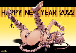 Rule 34 | 1girl, 2022, animal ears, animal print, artist name, bikini, breasts, cameltoe, chinese zodiac, cleavage, electricity, full body, grey hair, hair between eyes, happy new year, large breasts, looking at viewer, lying, mibry (phrysm), micro bikini, nail polish, new year, on back, open mouth, orange eyes, original, print thighhighs, purple nails, skindentation, solo, swimsuit, tail, thighhighs, tiger ears, tiger girl, tiger print, tiger tail, year of the tiger