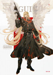Rule 34 | +++, angel wings, black footwear, black gloves, blonde hair, blood, blood angels, blood on clothes, blue eyes, boots, coat, dated, english text, feathered wings, ginias, gloves, gun, highres, holding, holding gun, holding weapon, jewelry, laurel crown, long hair, primarch, sanguinius, signature, smirk, spread wings, submachine gun, thompson submachine gun, trench coat, twitter username, violin case, warhammer 40k, weapon, wings