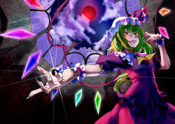 Rule 34 | 1girl, adapted costume, blonde hair, broken glass, cloud, colored eyelashes, dress, fingernails, flandre scarlet, from below, glass, hat, long fingernails, long hair, looking at viewer, mob cap, moon, night, outstretched hand, red dress, red eyes, red moon, side ponytail, sky, solo, tenamaru, touhou, vampire, very long hair, wings, wrist cuffs