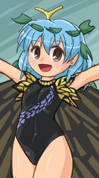 Rule 34 | 1girl, :d, alternate costume, antennae, aqua background, arms up, black one-piece swimsuit, blue hair, blush, breasts, brown eyes, butterfly wings, covered navel, eternity larva, hair between eyes, hair ornament, insect wings, leaf hair ornament, legs together, looking at viewer, lowres, one-piece swimsuit, open mouth, raised eyebrows, short hair, small breasts, smile, solo, standing, swimsuit, tareme, tongue, touhou, wings, winn