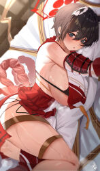 Rule 34 | 1girl, :o, absurdres, animal ears, bikini, bikini under clothes, black bikini, blue archive, blush, breasts, brown hair, detached sleeves, extra ears, feet out of frame, hair between eyes, halo, highres, huge breasts, looking at viewer, lying, on side, raccoon ears, rope, shimenawa, sideless outfit, solo, sweatdrop, swimsuit, tansuan (ensj3875), tsubaki (blue archive)