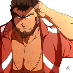 Rule 34 | 1boy, arm hair, bara, beard, brown hair, chest hair, dark-skinned male, dark skin, facial hair, jacket, jinn (housamo), large pectorals, male focus, mature male, muscular, muscular male, open clothes, open jacket, pants boxer, pectoral cleavage, pectorals, red jacket, short hair, sleeves rolled up, solo, tokyo houkago summoners, track jacket, unibrow, upper body