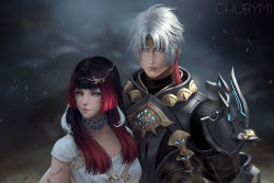 Rule 34 | 1boy, 1girl, armor, artist name, black hair, blue eyes, blurry, blurry background, choker, chuby mi, circlet, closed mouth, commission, couple, facial mark, final fantasy, final fantasy xiv, heterochromia, highres, hyur, lips, long hair, looking at viewer, miqo&#039;te, multicolored hair, red hair, slit pupils, two-tone hair, upper body, warrior (final fantasy), whisker markings, white hair