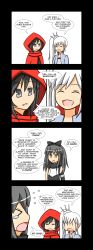 Rule 34 | &gt; &lt;, 3girls, 4koma, :d, = =, ^ ^, black eyes, black hair, blake belladonna, bow, cloak, close-up, closed eyes, comic, english text, highres, hood, hooded cloak, long sleeves, lunarisaileron, multiple girls, open mouth, profile, ruby rose, rwby, smile, speech bubble, talking, tears, text focus, weiss schnee, white background, white hair, wince, | |