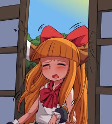 Rule 34 | 1girl, blue sky, blunt bangs, bmkro, bow, closed eyes, commentary request, cuffs, frown, hair bow, horns, ibuki suika, long hair, oni horns, open mouth, orange hair, shackles, shirt, sky, sleeveless, sleeveless shirt, sliding doors, solo, spanish commentary, touhou, tree, upper body