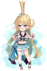 Rule 34 | 1girl, :o, alternate breast size, bare arms, bare shoulders, bikini, black footwear, black ribbon, blonde hair, blue eyes, blush stickers, breasts, charlotta (granblue fantasy), collarbone, commentary request, crown, full body, granblue fantasy, hair between eyes, hair ornament, hands up, harvin, highres, large breasts, long hair, looking at viewer, meito (maze), mini crown, navel, open mouth, pointy ears, ribbon, solo, standing, star (symbol), star hair ornament, striped bikini, striped clothes, swimsuit, v-shaped eyebrows, very long hair