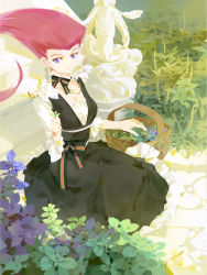 Rule 34 | 1girl, a-shacho, basket, black dress, bow, closed mouth, commentary request, creatures (company), dress, dress bow, earrings, eyelashes, frills, game freak, holding, jessie (pokemon), jewelry, leaf, long hair, looking to the side, nintendo, plant, pokemon, pokemon (anime), purple eyes, red hair, smile, solo, team rocket