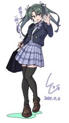 Rule 34 | 1girl, alternate costume, bag, black footwear, black jacket, black thighhighs, blazer, blue skirt, dated, full body, green eyes, green hair, highres, jacket, kantai collection, ld (luna dial398), loafers, long hair, plaid, plaid skirt, pleated skirt, school bag, school uniform, shoes, signature, skirt, solo, thighhighs, twintails, waving, white background, zuikaku (kancolle)