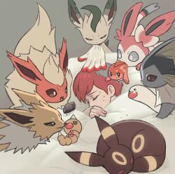 Rule 34 | &gt; &lt;, 1girl, @ @, animated, charcoal, closed eyes, commentary, creatures (company), flareon, game freak, gen 1 pokemon, gen 2 pokemon, gen 4 pokemon, gen 6 pokemon, hand up, jolteon, leafeon, mikripkm, mouth hold, multicolored hair, nintendo, penny (pokemon), pokemon, pokemon (creature), pokemon sv, red hair, rock, severed hand, short hair, spiral-only eyes, sweat, sylveon, symbol-only commentary, tagme, tail, tail wagging, tatsugiri, two-tone hair, umbreon, under covers, vaporeon, video, weedle, wiglett