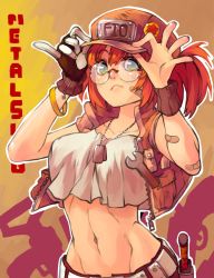 Rule 34 | 1girl, adjusting clothes, adjusting headwear, bandaid, bandaid on face, bangle, baseball cap, bracelet, breasts, crop top, crop top overhang, dog tags, fio germi, glasses, gloves, gradient background, green eyes, hat, jewelry, large breasts, metal slug, midriff, navel, open clothes, open vest, outline, palms, pinky out, poch4n, rimless eyewear, round eyewear, single glove, solo, toned, upper body, vest, wrench, wristband