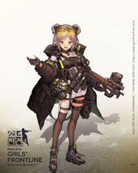 Rule 34 | ammunition, buckle, choker, double bun, fingerless gloves, full body, gas mask, girls&#039; frontline, gloves, gun, hair bun, holding, holding weapon, jacket, lm7 (op-center), mask, official art, p90 (girls&#039; frontline), red eyes, shoes, smile, snap-fit buckle, sunglasses, thigh strap, thighhighs, weapon