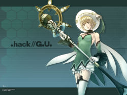 Rule 34 | .hack//, .hack//g.u., 00s, 1girl, 2007, armpits, atoli, atoli (.hack//), bandai, biwa, biwa (illustrator), blonde hair, bloomers, cape, copyright name, cyber connect 2, flat chest, gloves, green background, green theme, hat, honeycomb (pattern), honeycomb background, honeycomb pattern, jewelry, official art, official wallpaper, ring, short hair, smile, solo, staff, tassel, thighhighs, underwear, wallpaper, white bloomers, white gloves, white hat, white thighhighs, yellow eyes, zettai ryouiki