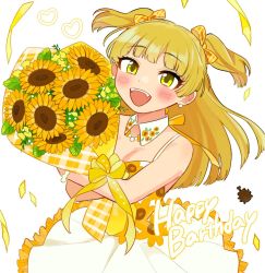 Rule 34 | 1girl, artist request, bad id, bad twitter id, blonde hair, blush, bouquet, collar, dress, earrings, english text, engrish text, fangs, floral print, flower, happy birthday, holding, holding bouquet, idolmaster, idolmaster cinderella girls, jewelry, jougasaki rika, long hair, open mouth, ranguage, solo, sundress, sunflower, sunflower print, two side up, yellow eyes