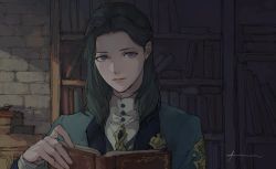 Rule 34 | 1boy, androgynous, book, bookshelf, brooch, buttons, commentary, dadadadadaist, expressionless, fire emblem, fire emblem: three houses, fire emblem warriors: three hopes, green hair, hand up, highres, holding, holding book, indoors, jewelry, linhardt von hevring, looking at viewer, male focus, medium hair, nintendo, open book, portrait, signature, solo, stone wall, wall