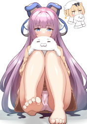 Rule 34 | 2girls, absurdres, azur lane, bare legs, barefoot, beret, blonde hair, blue eyes, blush stickers, braid, braided hair rings, brown eyes, brown sweater, chibi, chibi inset, commentary request, covered mouth, feet, foreshortening, fur-trimmed sleeves, fur trim, gremyashchy (azur lane), hair rings, hat, highres, long sleeves, looking at viewer, moyoron, multiple girls, panties, pink panties, purple hair, ribbed sweater, simple background, sleeves past fingers, sleeves past wrists, soles, sparkle, stuffed animal, stuffed seal, stuffed toy, sweater, tashkent (azur lane), toes, twin braids, underwear, v-shaped eyebrows, white background, white headwear