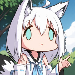 Rule 34 | 1girl, :o, ahoge, ai-assisted, alt text, animal ear fluff, animal ears, blue eyes, blue neckerchief, blue sky, braid, bush, chibi, cloud, commentary request, face of the people who sank all their money into the fx (meme), fox ears, fox girl, fox tail, hair between eyes, hand up, hololive, long hair, meme, merrytail, neckerchief, outdoors, parted lips, shirakami fubuki, shirakami fubuki (1st costume), side braid, single braid, sky, solo, tail, tree, upper body, virtual youtuber, white hair