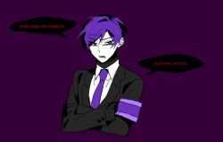 Rule 34 | armband, black sweater, brown eyes, collared shirt, commentary, english commentary, lobotomy corporation, male focus, necktie, open mouth, project moon, purple armband, purple background, purple hair, purple necktie, shirt, short hair, simple background, solo a, speech bubble, sweater, translation request, turtleneck, turtleneck sweater, white shirt, yesod (project moon)