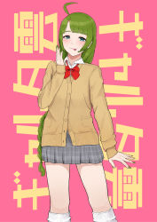 Rule 34 | 1girl, ahoge, alternate costume, text background, beige cardigan, blue eyes, bow, bowtie, braid, cardigan, collared shirt, commentary request, cowboy shot, green hair, grey skirt, highres, kantai collection, looking at viewer, loose socks, mole, mole under mouth, nakano kiho, pink background, plaid, plaid skirt, pleated skirt, red bow, red bowtie, school uniform, shirt, single braid, skirt, socks, solo, tongue, tongue out, translation request, white legwear, yuugumo (kancolle)
