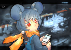 Rule 34 | 1girl, :3, android (os), animal ears, borisx, cellphone, closed umbrella, google, google glass, grey hair, highres, htc corporation, mouse ears, nazrin, orange scarf, phone, red eyes, scarf, short hair, solo, touhou, umbrella