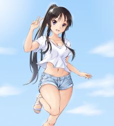 Rule 34 | 1girl, :d, aged up, akiyama mio, black hair, blue shorts, blush, breasts, cleavage, cloud, collarbone, commentary, day, english commentary, eyelashes, feet, fingernails, grey eyes, hair tie, highres, k-on!, knees, long hair, looking at viewer, midriff, navel, open mouth, ponytail, sandals, shirt, short shorts, shorts, sidelocks, sky, smile, solace, solo, teeth, toenails, toes, tongue, upper teeth only, v, white footwear, white shirt