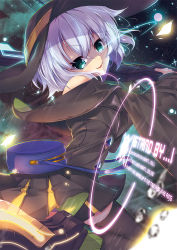 Rule 34 | 1girl, bag, black dress, black hat, black thighhighs, blue hair, blurry, blurry foreground, carrying, commentary request, contemporary, depth of field, dress, english text, floating, from side, green eyes, hat, holding, holding weapon, holographic interface, komeiji koishi, light particles, long sleeves, looking at viewer, looking back, mechanical boots, off-shoulder dress, off shoulder, parted lips, pleated dress, satchel, short dress, short hair, smirk, solo, sun hat, tendou kaoru, thighhighs, touhou, water drop, weapon, wide sleeves