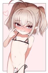 1girl arm_behind_back bar_censor bikini bikini_top_lift blush censored closed_mouth clothes_lift commentary_request crossed_bangs fang fang_out flat_chest food_print grey_hair heart highres huucha_(cpaf5377) loli looking_at_viewer makaino_ririmu micro_bikini navel nijisanji nipples nose_blush outside_border paid_reward_available pink_background pointy_ears print_bikini red_eyes short_hair side-tie_bikini_bottom simple_background skin_fang solo strawberry_print string_bikini swimsuit twintails untied_bikini_bottom virtual_youtuber