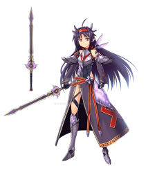 Rule 34 | 10s, 1girl, armor, black hair, boots, breastplate, brown eyes, butter-t, detached sleeves, fingerless gloves, gloves, hairband, highres, holding, holding sword, holding weapon, knee boots, long hair, looking at viewer, no panties, open mouth, pointy ears, purple gloves, simple background, solo, sword, sword art online, sword art online: code register, sword art online: hollow fragment, sword art online: infinity moment, watermark, weapon, white background, yuuki (sao)
