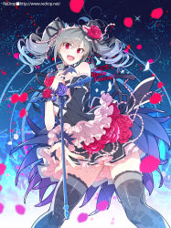 Rule 34 | &gt;:d, 10s, 1girl, :d, artist name, bare shoulders, black thighhighs, blush, character name, copyright name, dress, drill hair, flower, frills, gothic lolita, hair flower, hair ornament, hair ribbon, idol, idolmaster, idolmaster cinderella girls, kanzaki ranko, lolita fashion, long hair, microphone, open mouth, red eyes, redrop, ribbon, silver hair, smile, solo, thighhighs, twin drills, twintails, v-shaped eyebrows, watermark, web address