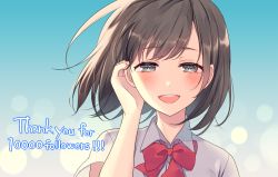 Rule 34 | 1girl, :d, achiki, adjusting hair, blush, bow, bowtie, brown hair, collared shirt, english text, gradient background, grey eyes, looking at viewer, open mouth, original, red bow, red bowtie, school uniform, shirt, short hair, short sleeves, smile, solo, swept bangs, thank you, white shirt, wing collar
