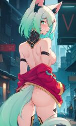 Rule 34 | animal ear fluff, animal ears, ass, breasts, coat, cyborg, exhibitionism, fox ears, fox tail, gloves, green eyes, green hair, highres, looking at viewer, looking back, medium breasts, neon green hair, nude, original, public indecency, red coat, red gloves, short hair, tail, topless, topless, topless female, trimbil