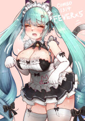 Rule 34 | 1girl, absurdres, animal ears, apron, black dress, blue hair, blush, breasts, cat ears, cat tail, closed eyes, dancing, dress, drill hair, elbow gloves, fake animal ears, fake tail, gloves, goddess of victory: nikke, highres, kilowinwin, large breasts, legwear garter, light blue hair, long hair, maid, maid headdress, neck bell, official alternate costume, open mouth, paw hair ornament, privaty (nikke), privaty (unkind maid) (nikke), solo, sweat, tail, thighhighs, twin drills, twintails, very long hair, white apron, white gloves, white thighhighs