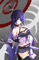 Rule 34 | 1girl, absurdres, acheron (honkai: star rail), black shorts, black thighhighs, breasts, cleavage, coat, collarbone, commentary, hair over one eye, highres, holding, holding umbrella, honkai: star rail, honkai (series), large breasts, long hair, looking at viewer, midriff, navel, nyuusai, oil-paper umbrella, purple eyes, purple hair, scabbard, sheath, sheathed, short shorts, shorts, single bare shoulder, solo, sword, thighhighs, thighs, umbrella, very long hair, weapon
