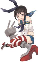 Rule 34 | 10s, 1girl, bad id, bad pixiv id, black panties, brown eyes, brown hair, cosplay, crying, crying with eyes open, elbow gloves, fubuki (kancolle), gloves, highres, kantai collection, kuuga (cf), microskirt, panties, patterned legwear, personification, red &amp; white, rensouhou-chan, school uniform, serafuku, shimakaze (kancolle), shimakaze (kancolle) (cosplay), short hair, short ponytail, skirt, striped clothes, striped thighhighs, tears, thighhighs, two-tone stripes, underwear