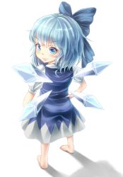 Rule 34 | &gt;:d, 1girl, :d, bad id, bad perspective, bad pixiv id, barefoot, blue dress, blue eyes, blue hair, bow, cirno, dress, from behind, full body, grin, hair bow, hands on own hips, ice, ice wings, legs, light, looking back, maru daizu (aqua6233), matching hair/eyes, open mouth, shirt, simple background, sleeveless, sleeveless dress, smile, smirk, solo, touhou, transparent wings, v-shaped eyebrows, white background, white shirt, wings