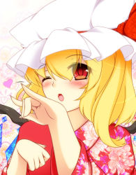 Rule 34 | 1girl, alternate costume, aosaki kanade, blonde hair, embodiment of scarlet devil, face, fang, female focus, flandre scarlet, floral print, hat, japanese clothes, kimono, one eye closed, red eyes, side ponytail, silver clock, solo, touhou, wings, wink