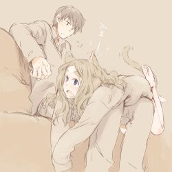 Rule 34 | 1boy, 1girl, animal ears, barefoot, blue eyes, brown hair, cat ears, cat tail, chibikko (morihito), eyebrows, long hair, morihito, on lap, open mouth, original, sleeves past wrists, sweater, tail, thick eyebrows